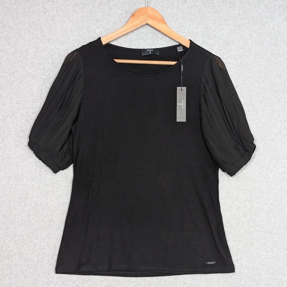 Tahari Pleated Puff Sleeve Black Shirt Womens Small Stretch Pullover